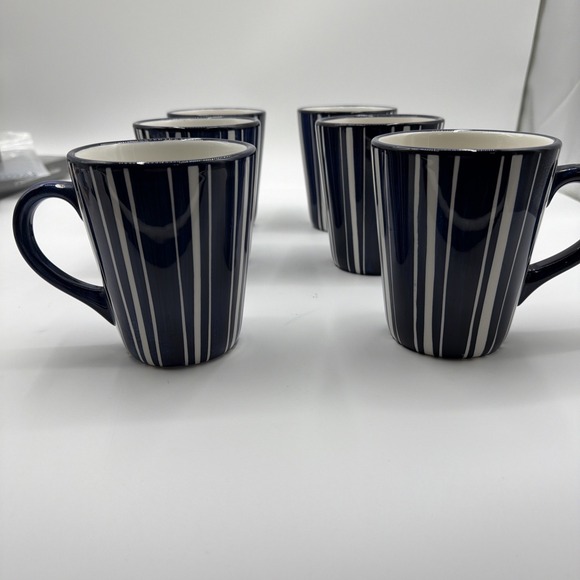 DANSK Mugs, Set Of 6, Cobalt Blue/White Stripe Hand painted, Kayla Blue, 12 oz - Picture 2 of 5